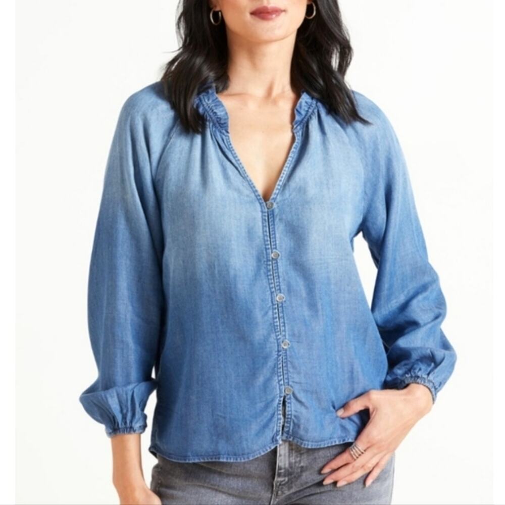 Cloth & Stone Chambray Denim Button Down V-Neck Shirt Top Casual Classic XS - Picture 2 of 14